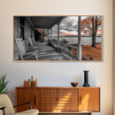 Lake Porch, Autumn Trees, Rocking Chairs, Sunset Serenity – Canvas Print, Fall Wall Art, Country Home Decor, Rustic Americana Landscape