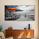 Ocean Café, Coastal Dining, Bright Umbrellas, Seaside View, Framed Canvas Print, Kitchen Wall Art, Beachfront Vibe, Color Pop Style