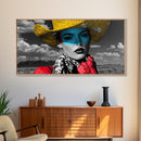Western Woman, Yellow Hat, Desert Portrait, Fashion Pop Art, Framed Canvas Print, Bold Bedroom Wall Art, Glam Western Wall Decor