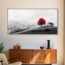 Red Tree Hilltop, Serene Winter Landscape, Peaceful Country Decor, Misty Morning Wall Art, Framed Canvas Print, Minimalist Bedroom Art