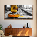 Industrial Bolt Closeup, Yellow Metal, Grunge Texture, Modern Industrial Art, Framed Canvas Print, Garage Wall Decor, Urban Loft Style