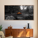Forest Campfire, Glowing Flames, Outdoor Retreat, Cozy Autumn, Framed Canvas Print, Rustic Wall Decor, Fall Living Room Art, Nature Scene