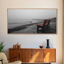 Red Bench Fog, Moody Coastal Morning, Framed Canvas Print, Minimalist Beach Wall Art, Modern Entryway Decor, Black and White Vibes