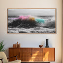 Rainbow Ocean Wave, Vibrant Sea Spray Art, Color Explosion Surf, Framed Canvas Print, Bathroom Wall Art, Coastal Modern Abstract