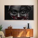 Fierce Eyes, Red Bandana, Bold Portrait, Afro Art, Framed Canvas Print, Bedroom Wall Art, Powerful Gaze, Monochrome With Red Accent