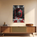 Red Vault Door, Industrial Style, Bold Security, Framed Canvas Print, Urban Interior Wall Art, Game Room Decor, Steampunk Vibes