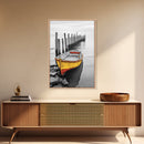 Yellow Rowboat, Coastal Mood, Pier View, Nautical Nostalgia, Framed Canvas Print, Beach House Wall Art, Rustic Seaside Decor