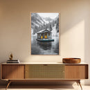 Winter Cabin, Floating House, Snowy Pines, Mountain Lake, Canvas Print, Minimalist Winter Wall Art, Cabin Decor, Neutral Nature Scene