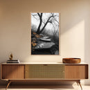 Stone Path, Autumn Trail, Moody Forest, Yellow Leaves, Canvas Print, Fall Nature Wall Art, Rustic Entryway Decor, Misty Woodland Scene