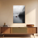 Red Boat, Foggy Coast, Seaside Cliff, Misty Water, Canvas Print, Moody Nautical Wall Art, Minimalist Ocean Decor, Scandinavian Style Art