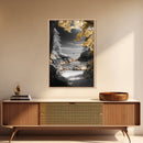 Yellow Trees, Autumn Beach, Ocean View, Framed Canvas Print, Nature Photography, Fall Landscape Wall Art, Coastal Living Room Decor