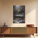 Lone Yellow Tree, Tranquil Pond, Forest Reflection, Canvas Print, Fall Nature Wall Art, Autumn Minimalist Decor, Peaceful Meditation Room