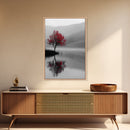 Red Tree, Foggy Lake, Peaceful Landscape Scene, Framed Canvas Print, Autumn Nature Wall Art, Minimalist Fall Decor, Moody Aesthetic