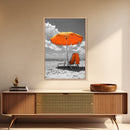 Orange Umbrella Shade, Beach Chill Scene, Relax Spot, Framed Canvas Print, Summer Wall Art, Vacation Vibe Decor, Minimalist Beach Art