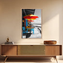 Seaside Café, Colorful Tables, Ocean Dining, Framed Canvas Print, Tropical Wall Art, Kitchen Decor, Bright Coastal Boho Style