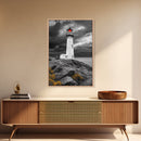 Red Beacon Lighthouse, Rocky Coast Light, Dramatic Storm Sky, Ocean Guide, Framed Canvas Print, nautical office wall art, bold coastal art