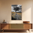 Yellow Meadow, Tree Path, Sunny Flowers, Autumn Framed Canvas Print, Field Landscape Wall Art, Nature Lover Decor, Boho Fall Vibes