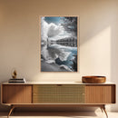 Mountain Lake Clouds, Serene Forest Reflection, Scenic Nature Photography, Framed Canvas Print, Bedroom Tranquility Wall Art