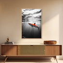 Red Shark, Underwater Scene, Ocean Light Rays, Color Contrast, Canvas Print, Modern Marine Art, Bathroom Wall Art, Nautical Style