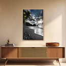 Sunset Beach, Rocky Coast, Dramatic Sky, Bold Light, Framed Canvas Print tropical sunset wall art, beach photography, bathroom decor