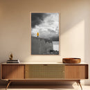 Yellow Raincoat, Ocean Storm, Moody Skies, Framed Canvas Print, Minimalist Wall Art, Coastal Entryway Decor, Contemplative Scene