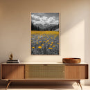 Yellow Wildflowers, Mountain Field, Blooming Meadow, Framed Canvas Print, Nature Photography, Rustic Decor, Dining Room Wall Art