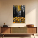 Golden Forest Light, Fall Leaves, Tall Trees Shadows, Tranquil Scene, Framed Canvas Print, Autumn Wall Art, Boho Living Room Decor