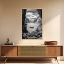 Yellow Boat, Mountain Lake, Serene Fjord Scene, Framed Canvas Print, Minimalist Wall Art, Nature Landscape, Scandinavian Decor