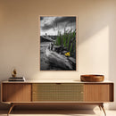 Wild Bloom, Yellow Flower, Driftwood and Grass, Moody Beach Scene, Framed Canvas Print, Autumn Wall Art, Nature Decor, Cozy Home Accent