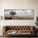 Lone Tree, Meadow Path, Dreamy Field, Cloudy Sky, Framed Canvas Print, Calm Decor, Entryway Wall Art, Soft Focus Nature