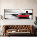 Red Boat Dock, Lonely Harbor View, Seaside Silence, Framed Canvas Print, Nautical Wall Art, Beach House Decor, Moody Coastal Vibes