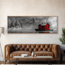 Red Cabin in Fog, Mountain Lake Boat House, Canvas Print, Winter Lodge Wall Art, Moody Nature Decor, Black and White Landscape Art