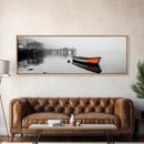 Harbor Rowboat Reflection, Foggy Dock Scene, Framed Canvas Print, Coastal Minimalist Wall Art, Seaside Entryway Decor, Moody Ocean Art