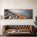 Colorful Pebble Shore, Vibrant Lake Stones, Blue Orange Rocks, Framed Canvas Print, Boho Coastal Style, Bathroom Wall Art