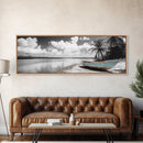 Tropical Boat, Deserted Beach, Palms and Clouds, Ocean Peace, Framed Canvas Print, Boho Wall Art, Bedroom Decor, Seaside Minimalism