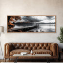 Autumn Lake, Stormy Sky, Wooden Dock, Canvas Print, fall landscape wall art, cozy home decor, cabin style print, orange forest reflections