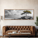 Lone Tree Cliff, Windy Ocean View, Golden Branches, Canvas Print, Moody Landscape Art, Neutral Tones, Office Wall Decor, Minimalist Style