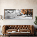 Sandy Beach Trees, Golden Autumn Coastline, Cloudy Sky Horizon, Canvas Print, Nature Coastal Art, Bathroom Wall Decor, Boho Fall Aesthetic