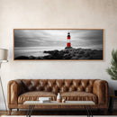 Lighthouse Coastline, Red Beacon, Stormy Sea, Black and White Landscape, Framed Canvas Print, Nautical Decor, Office Wall Art, Modern Style