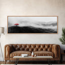 Lone Red Tree, Misty Hills, Minimalist Landscape, Framed Canvas Print, serene bedroom wall art, abstract black and white decor