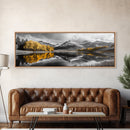 Yellow Autumn Forest, Lake Reflection, Black White Mountains, Canvas Print, Rustic Wall Art, Living Room Nature Scene