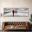 Red Jacket Walk, Rainy Boardwalk Scene, Urban Solitude, Moody Landscape Photography, Canvas Print, Entryway Wall Art, Minimalist Decor