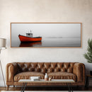 Orange Boat, Ocean Mist, Foggy Seascape, Calm Waters, Framed Canvas Print, Minimalist Nautical Art, Peaceful Wall Decor for Bedroom