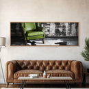 Green Leather Chair, Industrial Urban Scene, Chic Lounge Interior, Framed Canvas Print, Modern Wall Art, Man Cave Office Decor