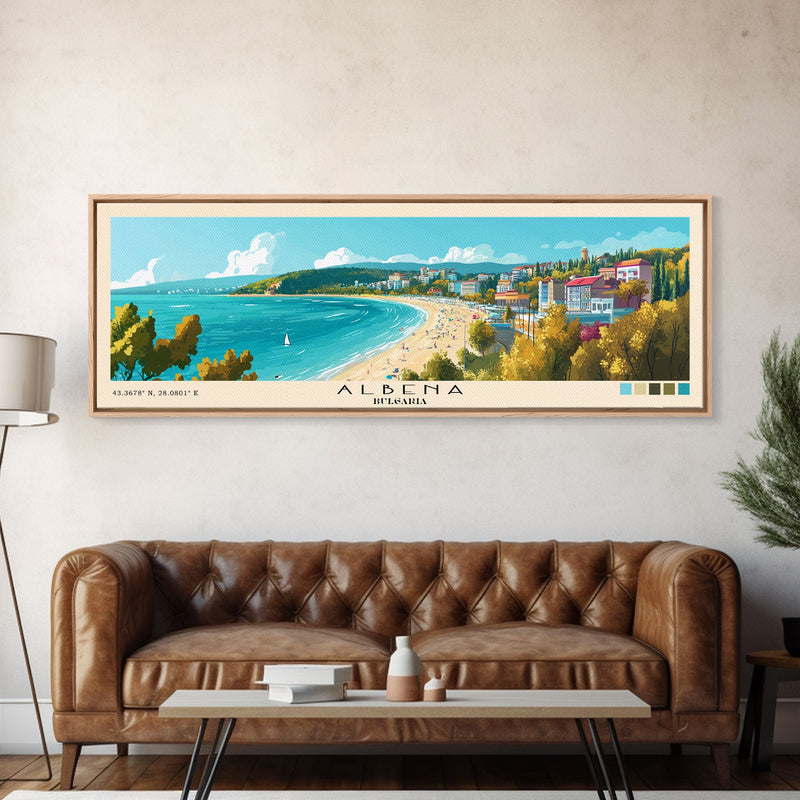 Albena, Bulgaria Panoramic Beach Print, Vacation Gift, Bulgaria Wall Art, Framed Canvas Print, Framed Beach Painting