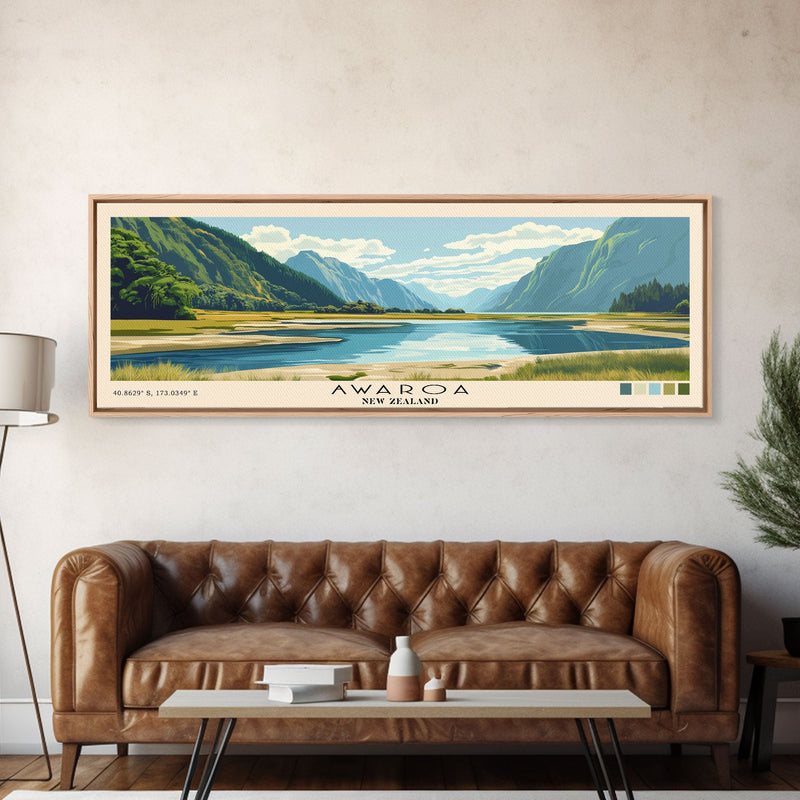 Awaroa, New Zealand Panoramic Beach Print, Vacation Gift, New Zealand Wall Art, Framed Canvas Print, Framed Beach Painting