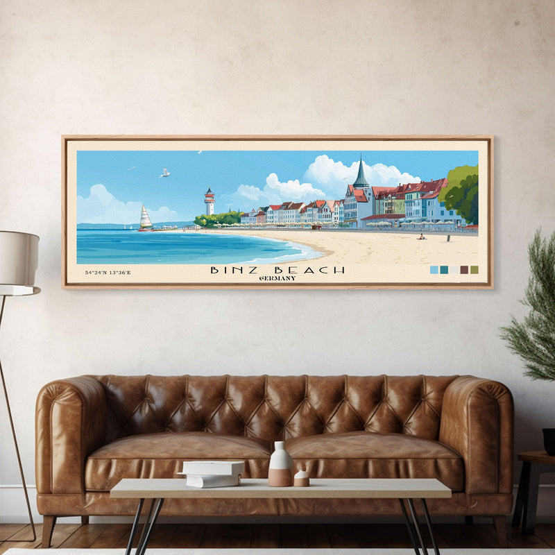 Binz Beach, Germany Panoramic Print, Vacation Gift, Germany Wall Art, Beach Painting, Beach Decor, Large Wall Art, Wood Frame Art