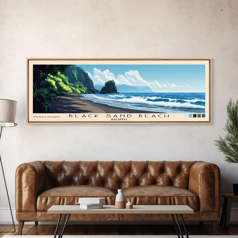 Black Sand Beach, Malasyia Panoramic Beach Print, Vacation Gift, Malasyia Wall Art, Framed Canvas Print, Framed Beach Painting