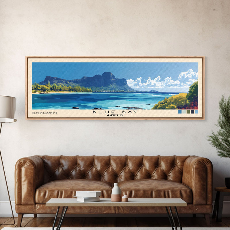 Blue Bay, Mauritius Panoramic Print, Vacation Gift, Mauritius Wall Art, Beach Painting, Beach Decor, Large Wall Art, Wood Frame Art