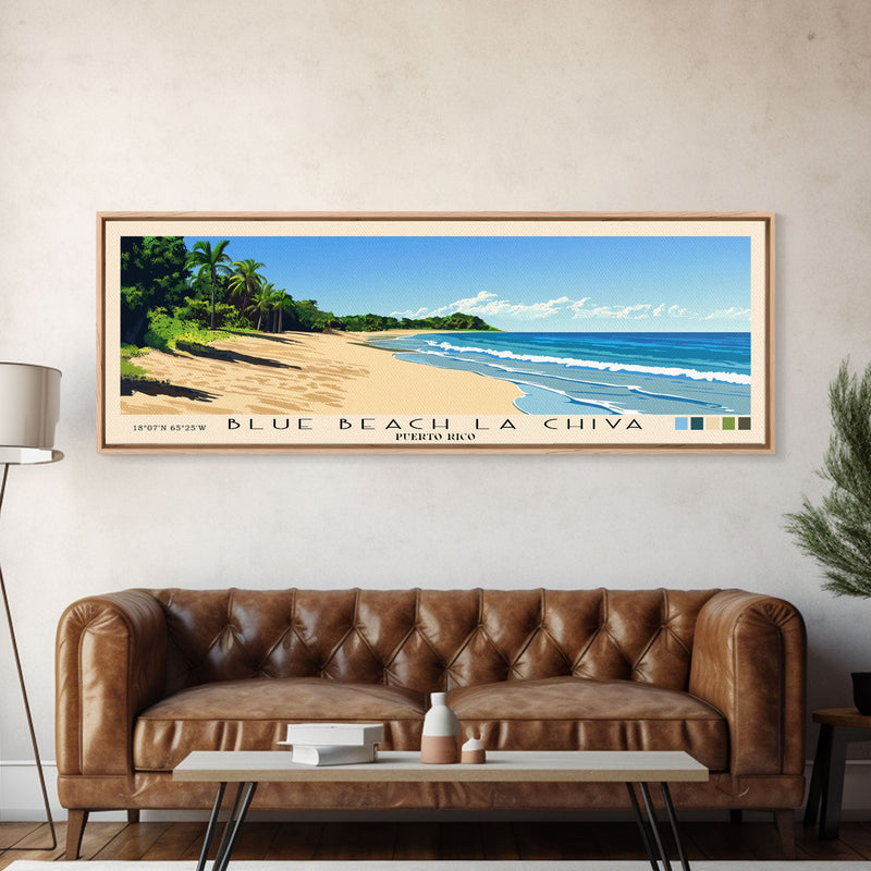 Blue Beach La Chiva, Puerto Rico Panoramic Beach Print, Vacation Gift, Puerto Rico Wall Art, Framed Canvas Print, Framed Beach Painting